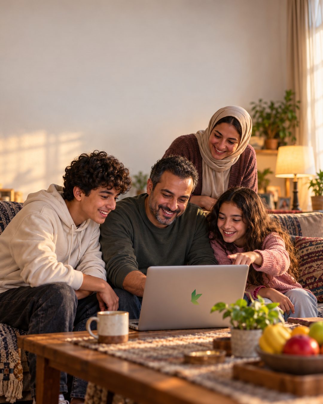 عيلة قاعدة على الكنبة بتتفرج على لابتوب